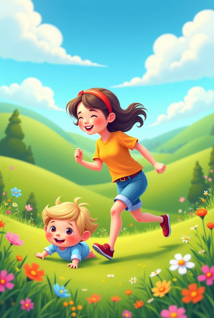 About 50 years old Mother cartoon is running slowly behind the female baby cartoon and the baby cartoon is crawling with green landscape background