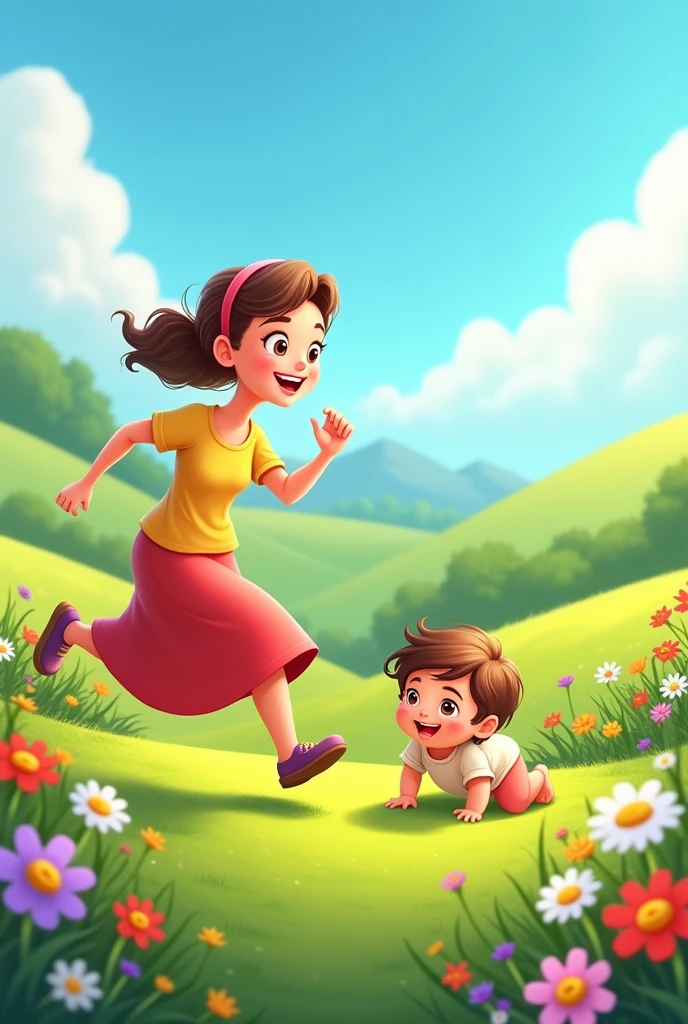 About 50 years old Mother cartoon is running slowly behind the female  cartoon and the babytoon is crawling with green landscape background