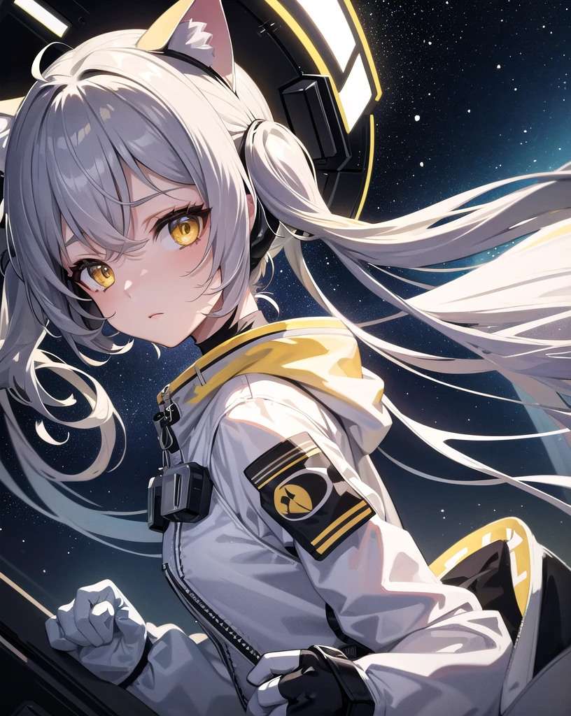 masterpiece, best quality, 1girl, spacecraft interior, spacesuit, upper body, from side, science fiction, yellow eyes, twintails, silver hair, cat ears, looking at viewer,