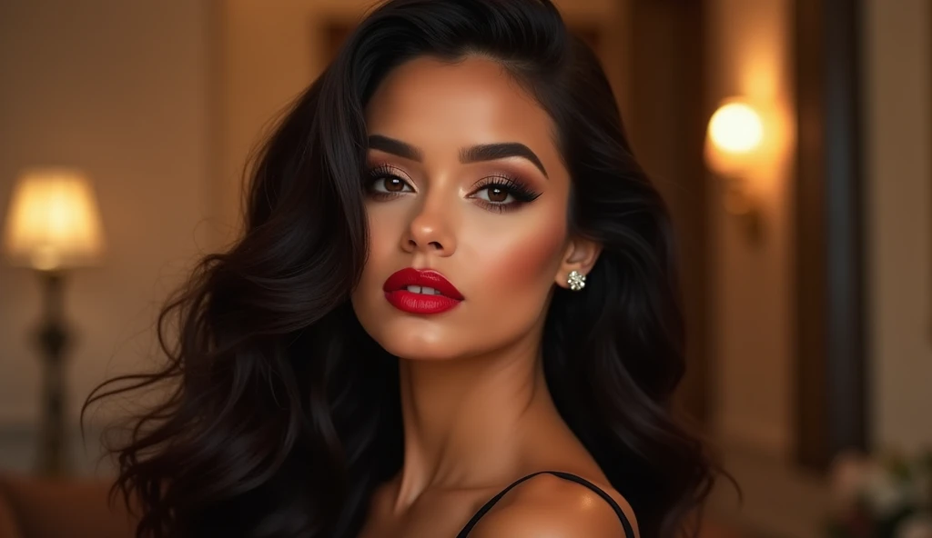 a busty woman with long hair and a red lipstick, ariana grande, portrait sophie mudd, sexy face with full makeup, ariana grande, jaw-dropping beauty, ariana grande, big sexy lips :5 stylish, gorgeous latina face, ariana grande, inspired by ariana grande, ariana grande, jaw dropping beauty, neutral tilted eyebrows