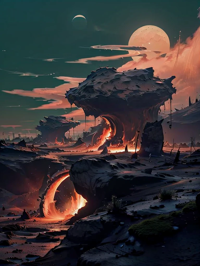 The End，Sunset，Fire Cloud，moon，plant，City，science and technology