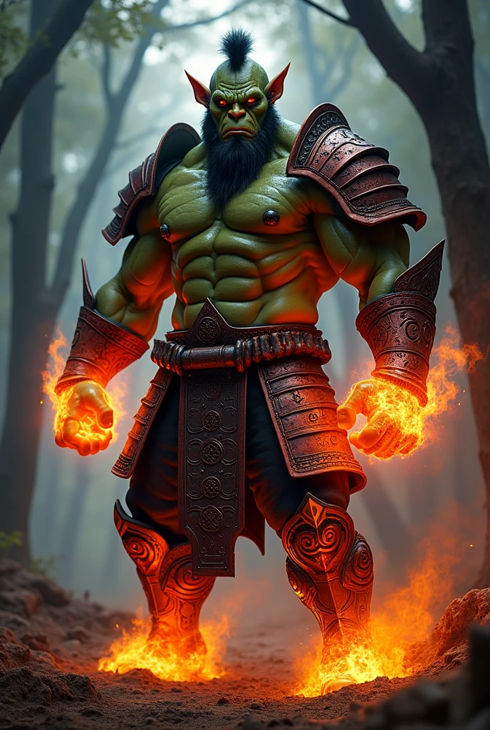 Create me orc with samurai Armor And fire in his arms