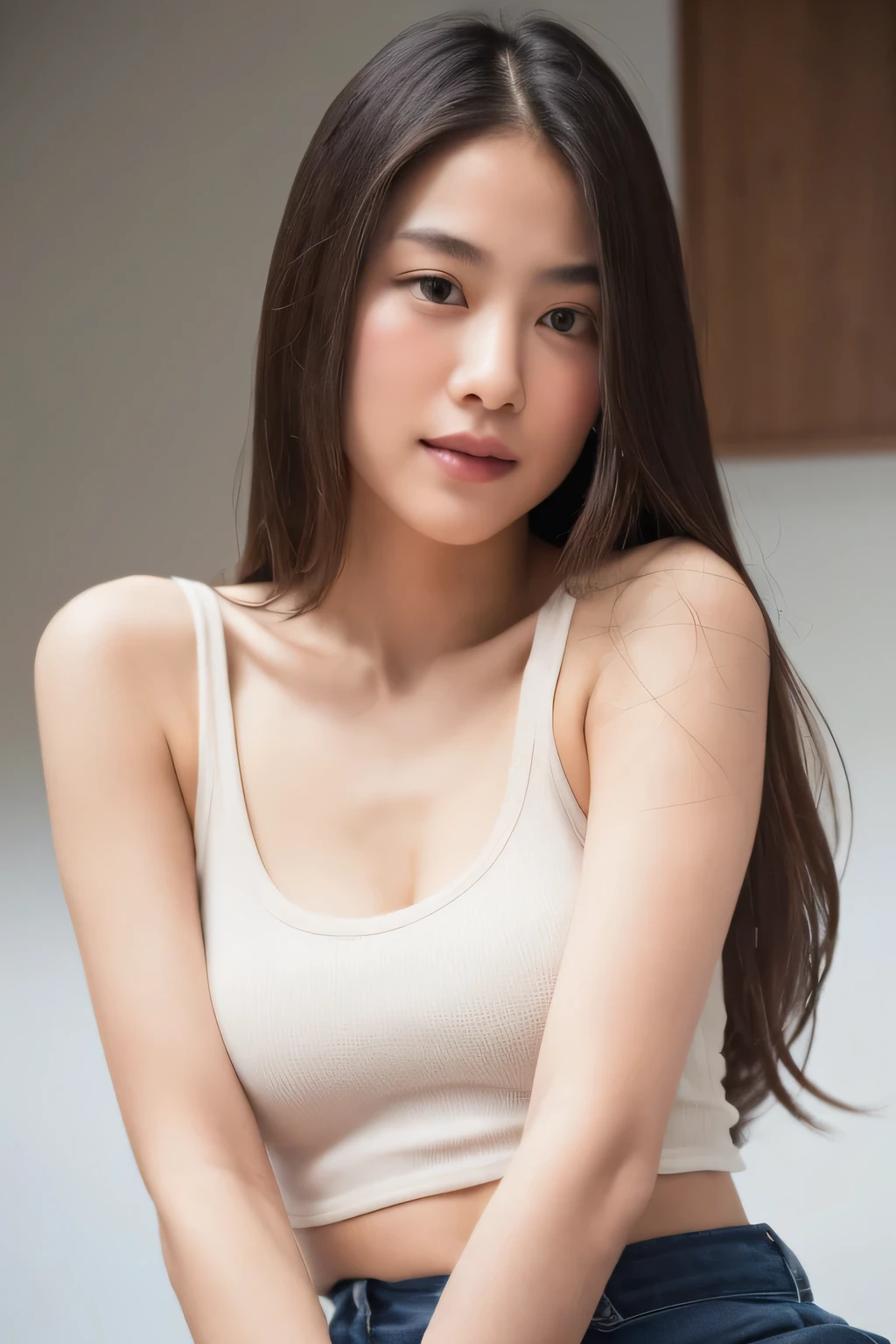 portrait, woman, look at the audience, long hair, Tank top, white background, nude