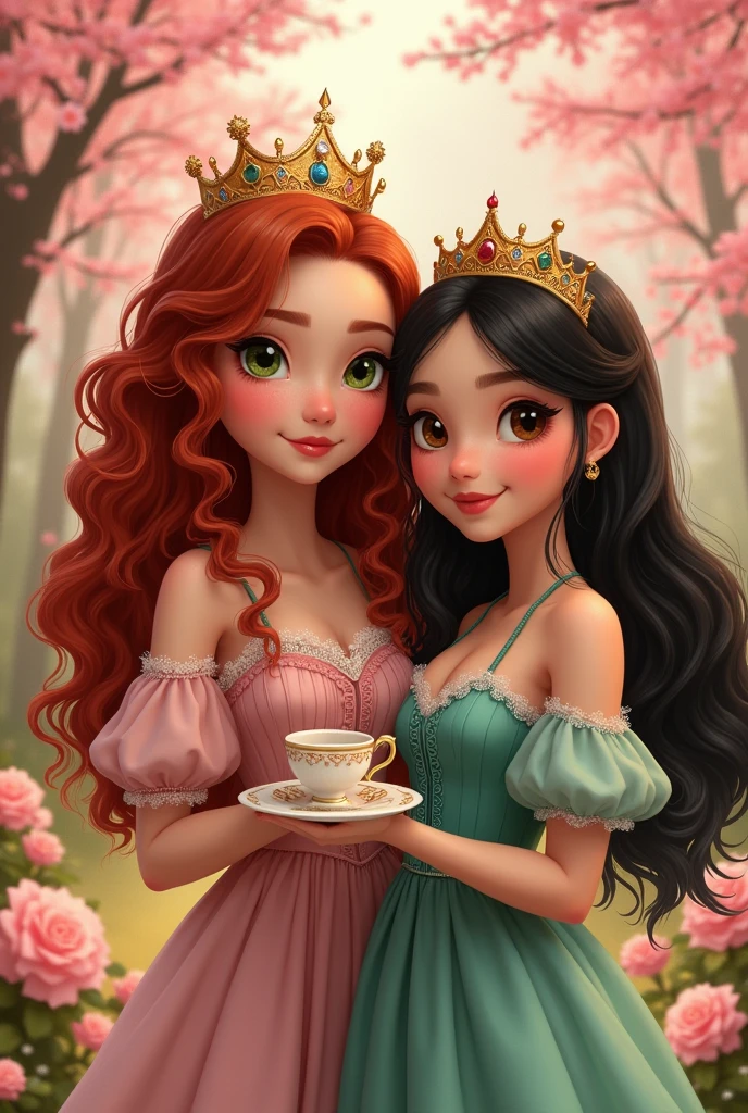 A curly red-haired girl with green eyes next to her friend the princess, who has straight black hair and very dark brown eyes.  The two of them are in the palace garden on a tea afternoon.
Make it as realistic as possible.
Give them more body.
They are both 19 years old.
Make their busts a bit bigger.
Give the redhead more hair.
Put a crown on the princess and make her skin tone lighter.
More realistic. 