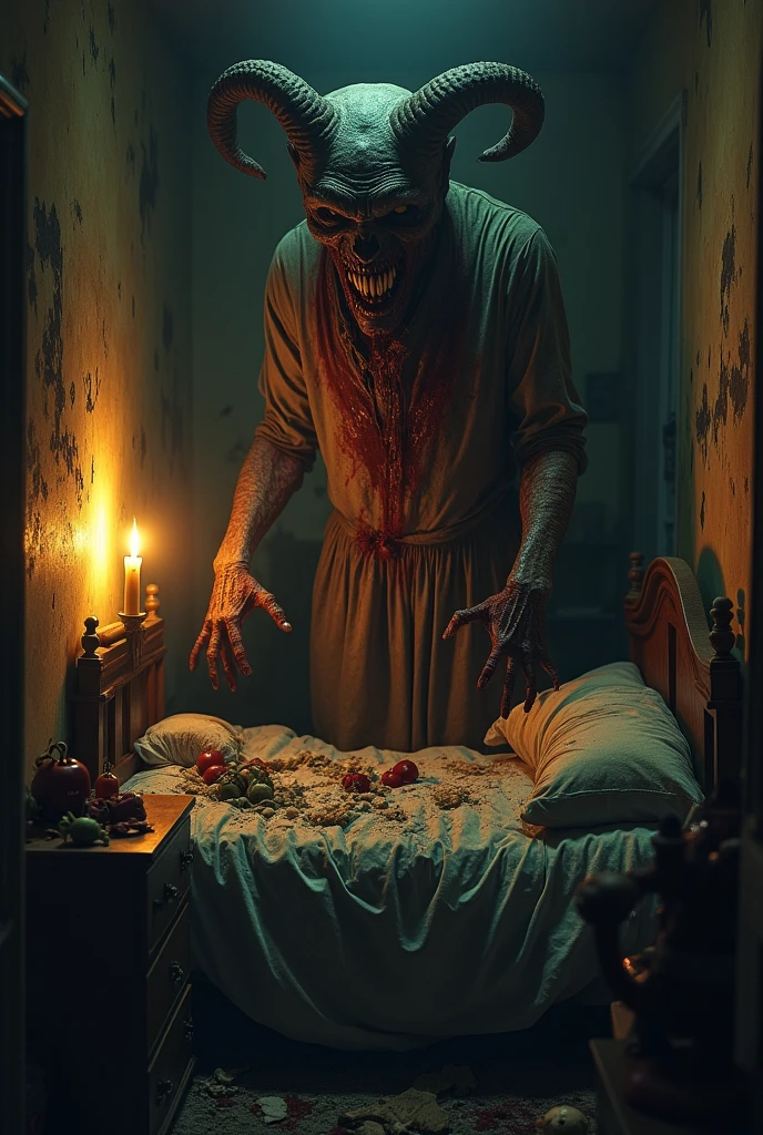 Creepy bedroom with demon covered with blood evil smiling 