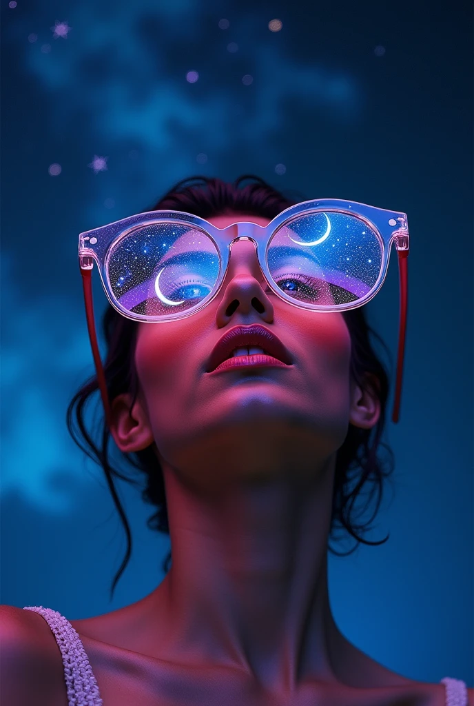The model is wearing glass sunglasses with stars and the moon on the glass