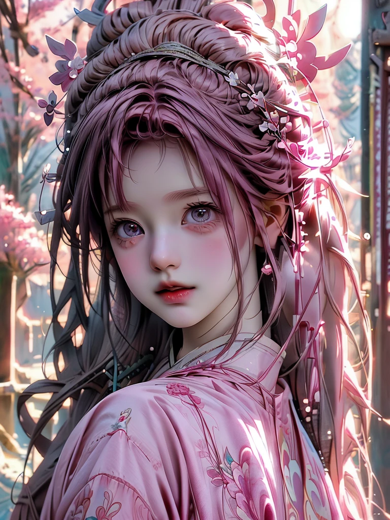 Anime girl has pink hair and has a bow in her hair., Kawaii realistic image, Gouvice, Portrait of a magical girl, cute characters, Cute art style, anime moe art style, Maple character art, Lovely portrait, Cute anime girl illustration, Portrait of a small character, artwork in the style of Gouvice, splash anime art