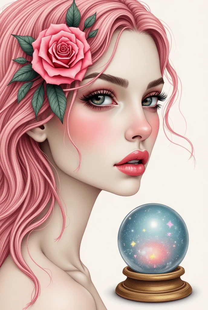 minimalistic drawing. EXPLORE PASTEL PINK TONES. GYPSY WITH A ROSE IN HER HAIR AND A CRYSTAL BALL. ONLY THE GYPSY'S FACE. zoom in on face. CLOSE NO ROSTO.