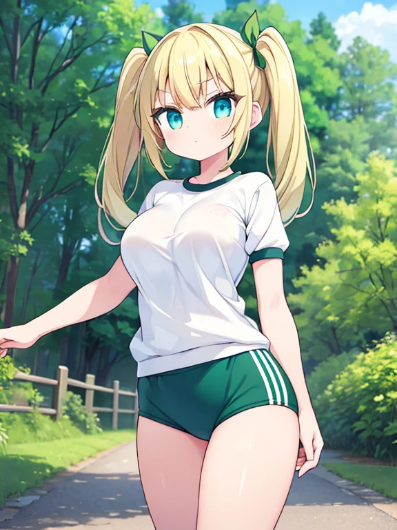 (Green bloomers:1.3), Green short-sleeved gym uniform, Large breasts, 1 girl, cute, Blonde twin tails, (Blue Eyes), (Hall々Walk with:1.3), blue sky, forest, Forest road, Outdoor, Cowboy Shot, ((Highest quality)), ((masterpiece)), (detailed), Perfect Face, Perfect Arms, (Perfect hands), (Perfect Fingers), anime, Ultra-fine illustration,