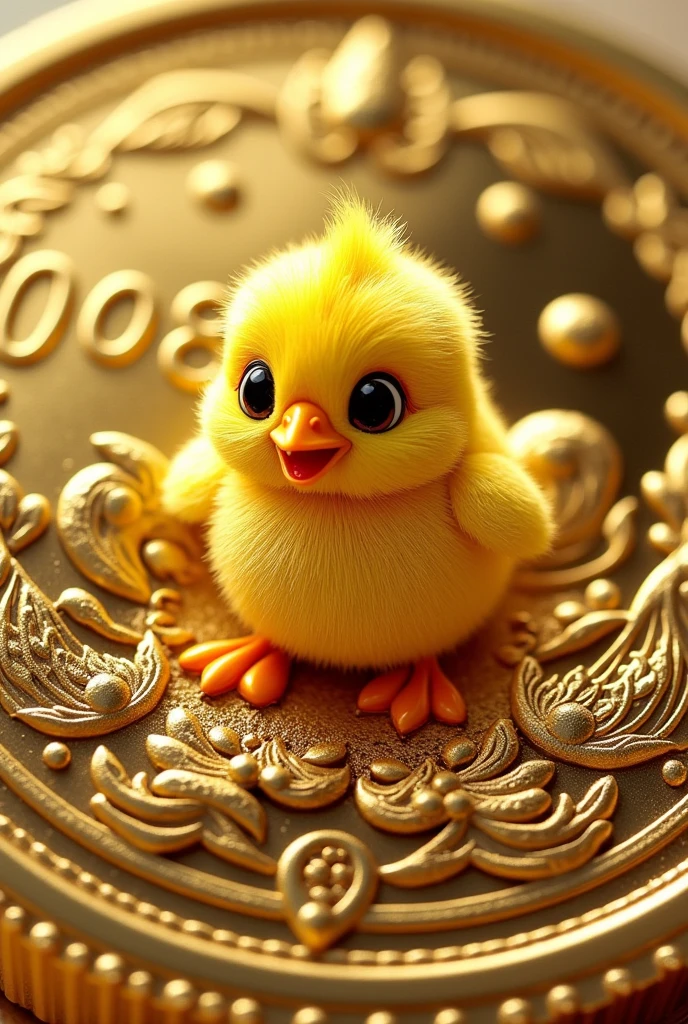 Gold coin containing the Golden Statue of Golden Cute Chick, gold color, Golden character.dourado ouro de desenho animado na gold color brilhante no centro da moeda frontal, The golden statue of the cute one must be golden , write the number 008, write in currency 008