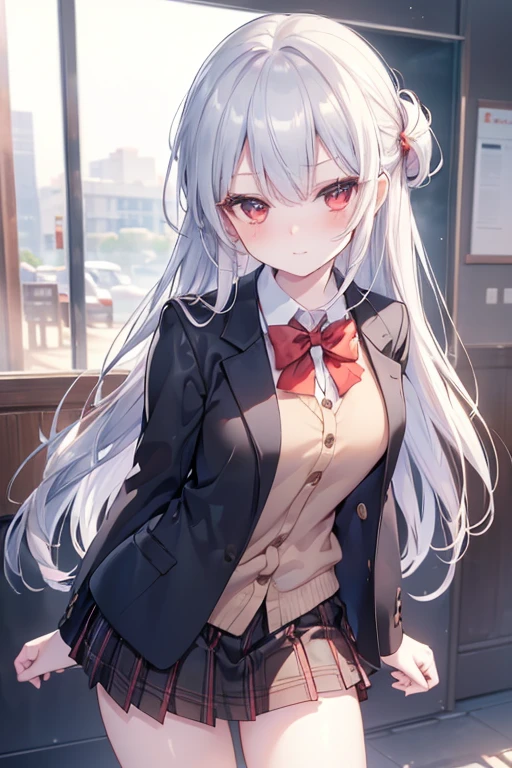 ((masterpiece, best quality, highres, UHD, perfect pixel, depth of field, 4k, RTX, HDR))), 1girl, single, solo, beautiful anime girl, beautiful artstyle, anime character, ((long hair, bangs, bright silver hair , simple hair pin)), ((dark red eyes:1.4, perfect eyes, beautiful eyelashes, realistic eyes)), ((detailed face, blushing:1.2)), ((smooth texture:0.75, realistic texture:0.65, photorealistic:1.1, anime CG style)), medium breasts, ((dynamic angle, cowboy shot)), perfect body, ((red bowtie, school uniform, black jacket, open jacket, brown cardigan, white shirt, black skirt, plaid skirt)), smile, hand behind back, leaning forward, amusement park