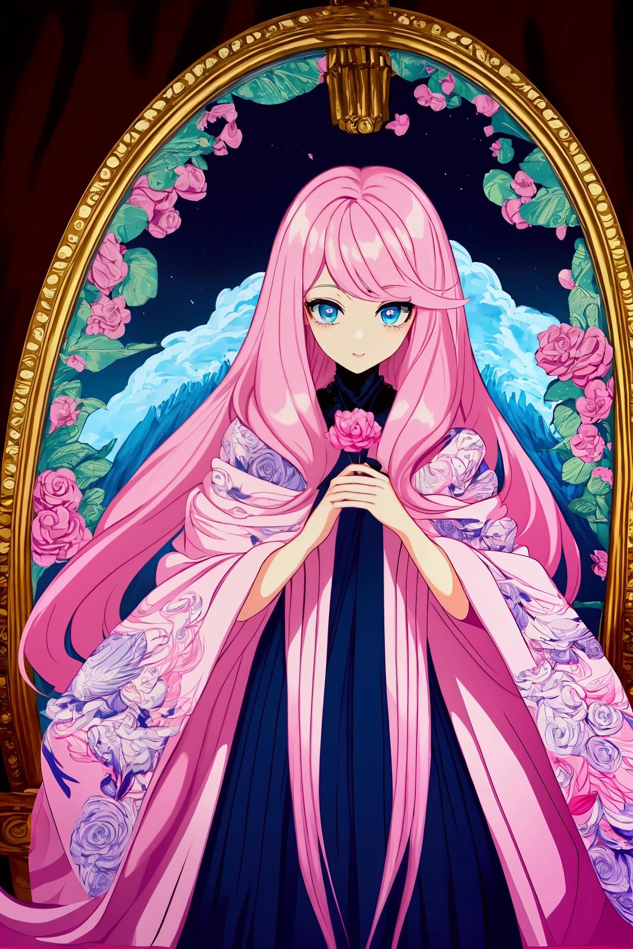 ((best qualityer)), ((work of art)), (detailded), This is a masterpiece of a woman with long rose pink hair fios detalhados longos e com ornamentação em pedras, blue shinin eyes, eryebrowns in v, with a long doctor jaleco in pastel blue and pink medicine veterinary bordaods e laços estiloso altamente diferenciado. corpo inteiro estilo passarela,