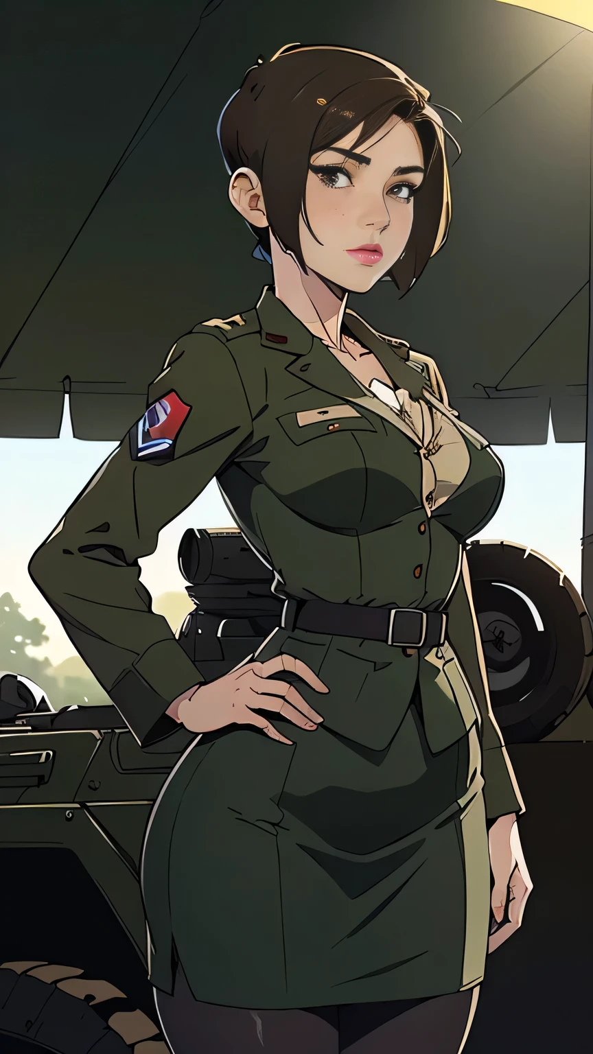 photo of mlp Meowko, RAW, beautiful woman, ((portrait)), ((detailed face:1.2)), ((anime face, anime facial feature, clear skin, glossy anime lips, lipstick, clear skin), (short lesbian haircut, brunette: 1.55), (perfect proportioned body, Strong, muscular, narrow waist, narrow hips, skinny, large breasts), (she is wearing a 40s American military uniform, Peggy Carter cosplay, Button up suit jacket, blouse, Military green pencil skirt, stockings), standing at attention, 1940's, Military base, military tent, military Jeep, (realistic photo, best quality, detailed), (8k wallpaper), (bright cinematic lighting, lens flares, beautiful light, (noon:1.3)) (sharp focus, intricate)