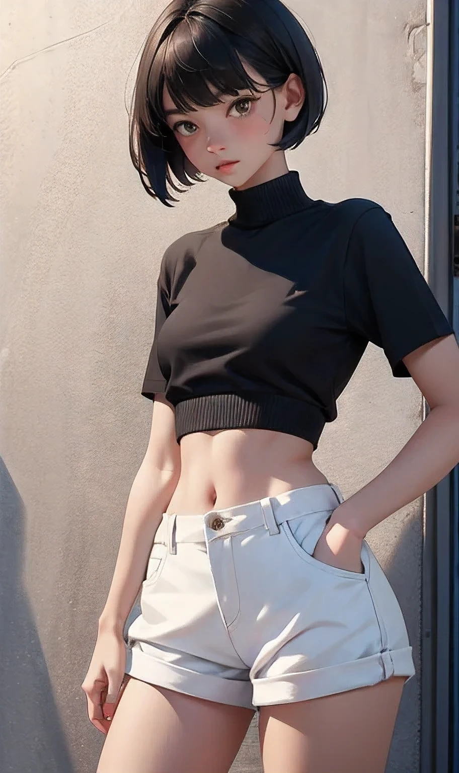 Pretty teen tomboy , ((1girl)), skinny, ((slim)), tomboy wears a crop top and too very short shorts, ((short haircut)), 25yo.