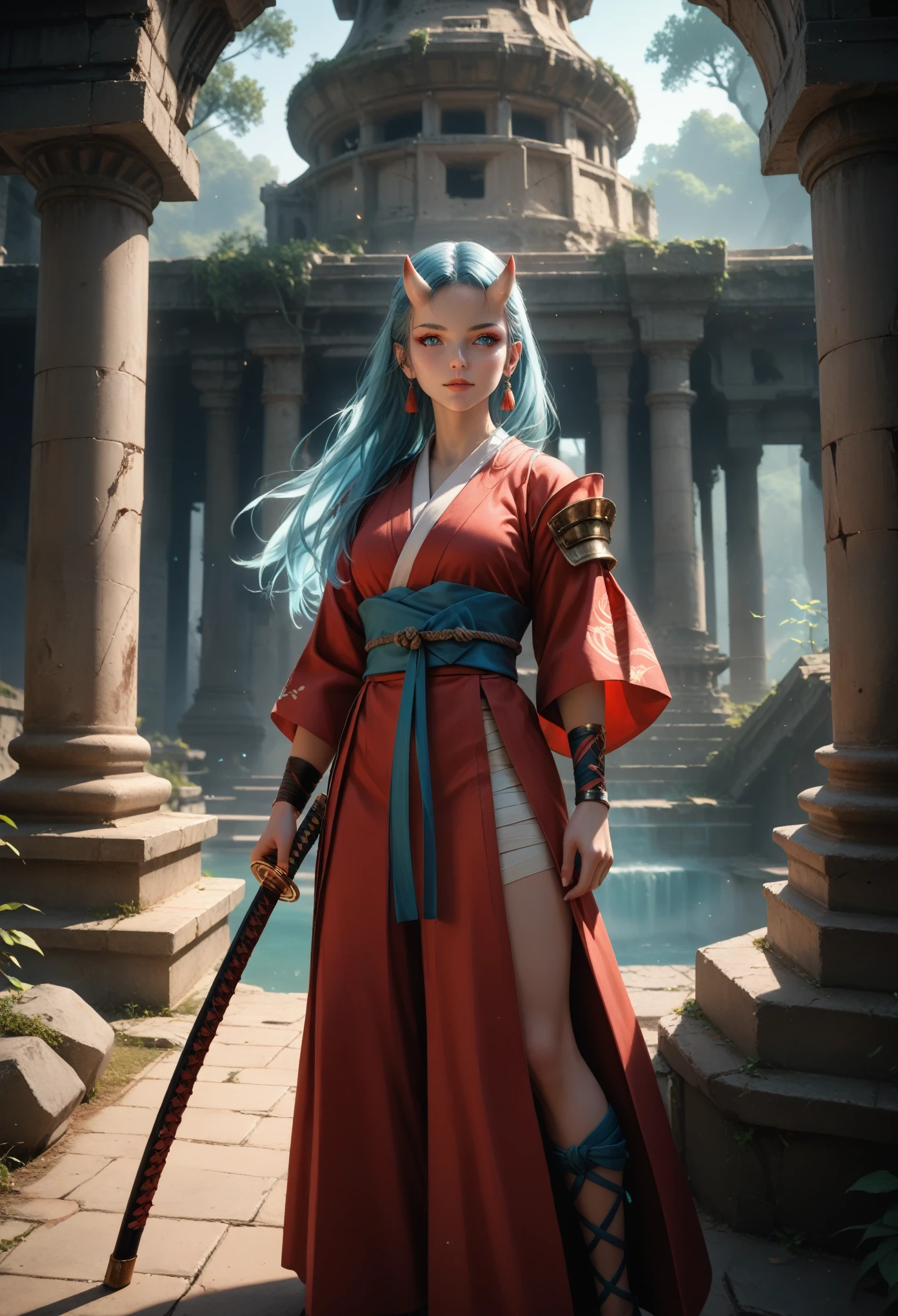 Girl 1, hkwarrior, holding a katana in his hand, Katana Emits a Blue Glow Sharp, beautiful figure, Samurai, Belt of Ropes Interwoven, Light armor, There is an Oni mask hanging on the Belt, Bright Lilac Eyes, long hair, hair of two colors (Red and Series), develop in the wind, Background Ancient Ruins, The Broken Column, Tower, Clear drawing of details, All according to the Author, The Brightest Colors, Fantasy, cinematic film still, score_9, score_8_up,score_7_up, dramatic lighting, highly detailed, high budget,bokeh, cinemascope, epic, gorgeous, film grain, grainy,masterpiece, best quality, perfect anatomy, very aesthetic, official art, 8k, the full picture, full length, Wide Grip,