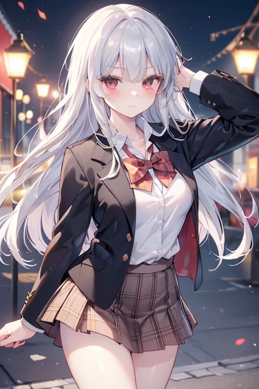 ((masterpiece, best quality, highres, UHD, perfect pixel, depth of field, 4k, RTX, HDR))), 1girl, single, solo, beautiful anime girl, beautiful artstyle, anime character, ((long hair, bangs, bright silver hair , simple hair pin)), ((dark red eyes:1.4, perfect eyes, beautiful eyelashes, realistic eyes)), ((detailed face, blushing:1.2)), ((smooth texture:0.75, realistic texture:0.65, photorealistic:1.1, anime CG style)), medium breasts, ((dynamic angle, cowboy shot)), perfect body, ((red bowtie, school uniform, black jacket, open jacket, brown cardigan, white shirt, black skirt, plaid skirt)), smile, hand behind back, leaning forward, amusement park
