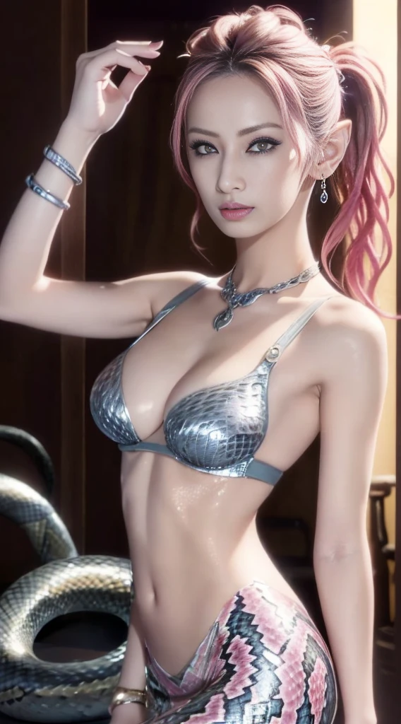 White Snake Ji,((Best picture quality, 8k, tmasterpiece:1.3)), Lady, Slender Abs:1.3, (Casual hairstyle, No leakage of big breasts:1.2), Delicate golden scales:1.3, (mermaids:1.2),(Elongated S-shaped snake tail:1.3),Ultra-fine face, A detailed eye, double eyelid,Meticulous hands,Cold,graceful and dignified,(A look of desire and dissatisfaction),(nakeness:1.2),Raised sexy,They want,Letter tattoos,8k、、((Gal Makeup))、((Ancient Greek ornaments Bracelet、hair ornaments、first round))、((Random Hairstyle))、(Ancient City)、Lower body is a snake、Snake Woman、(silver and pink gradation hair)、((Fisheye Lens))、silver mist、Super Real Photo、Tattoo on the right shoulder、Tattoo on left arm、A tattoo of Greek letters、Bun Hair、Lean back、Snakeskin one-shoulder bag with jewels、(She wears bracelets on her upper arms.)、(Twin tails)、((Underboob))、(A fantastic gold bra made of metal material)、(Low - Angle Camera angle)、Show your fangs