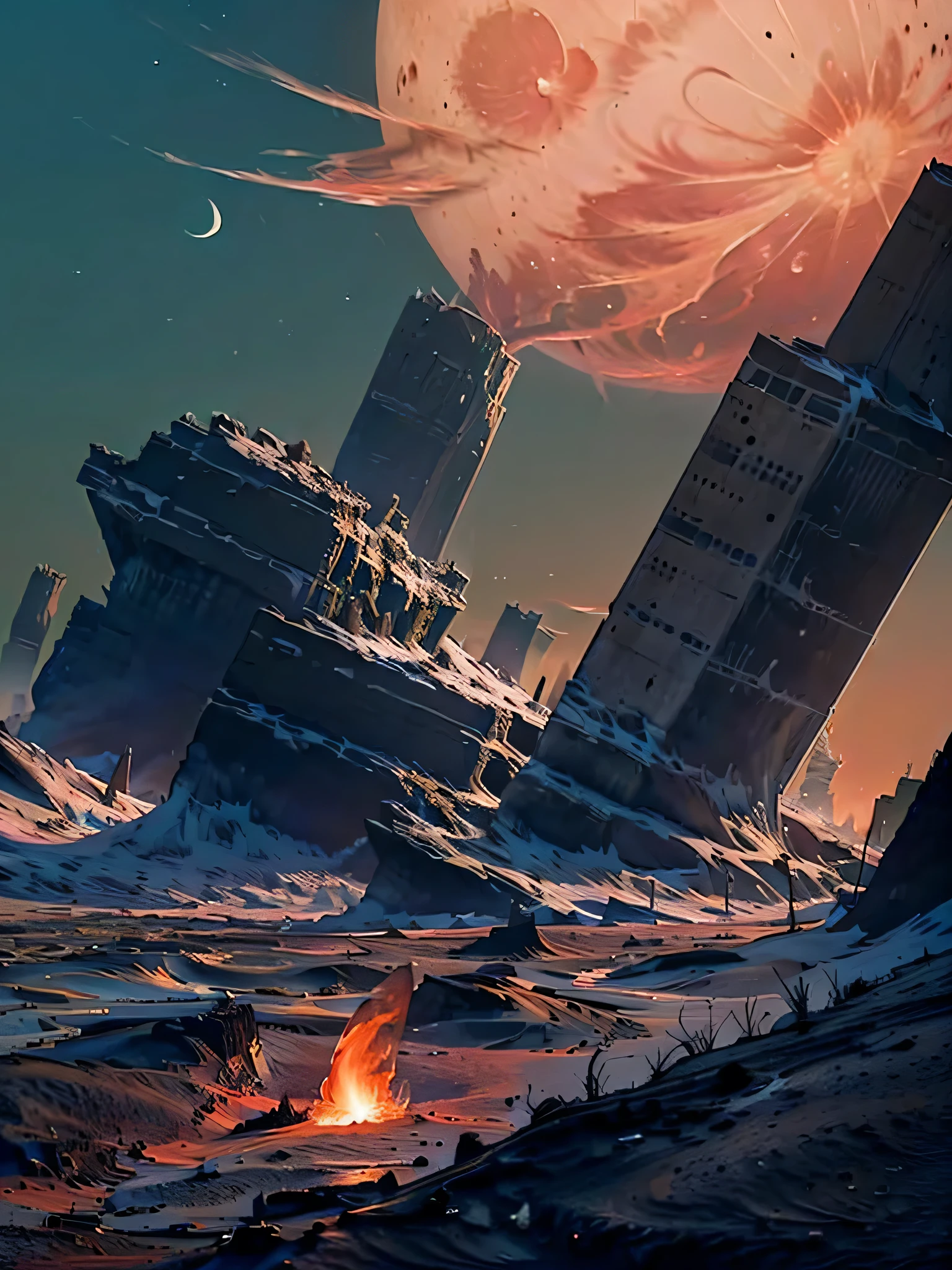 The End，Sunset，Fire Cloud，moon，plant，City，science and technology
