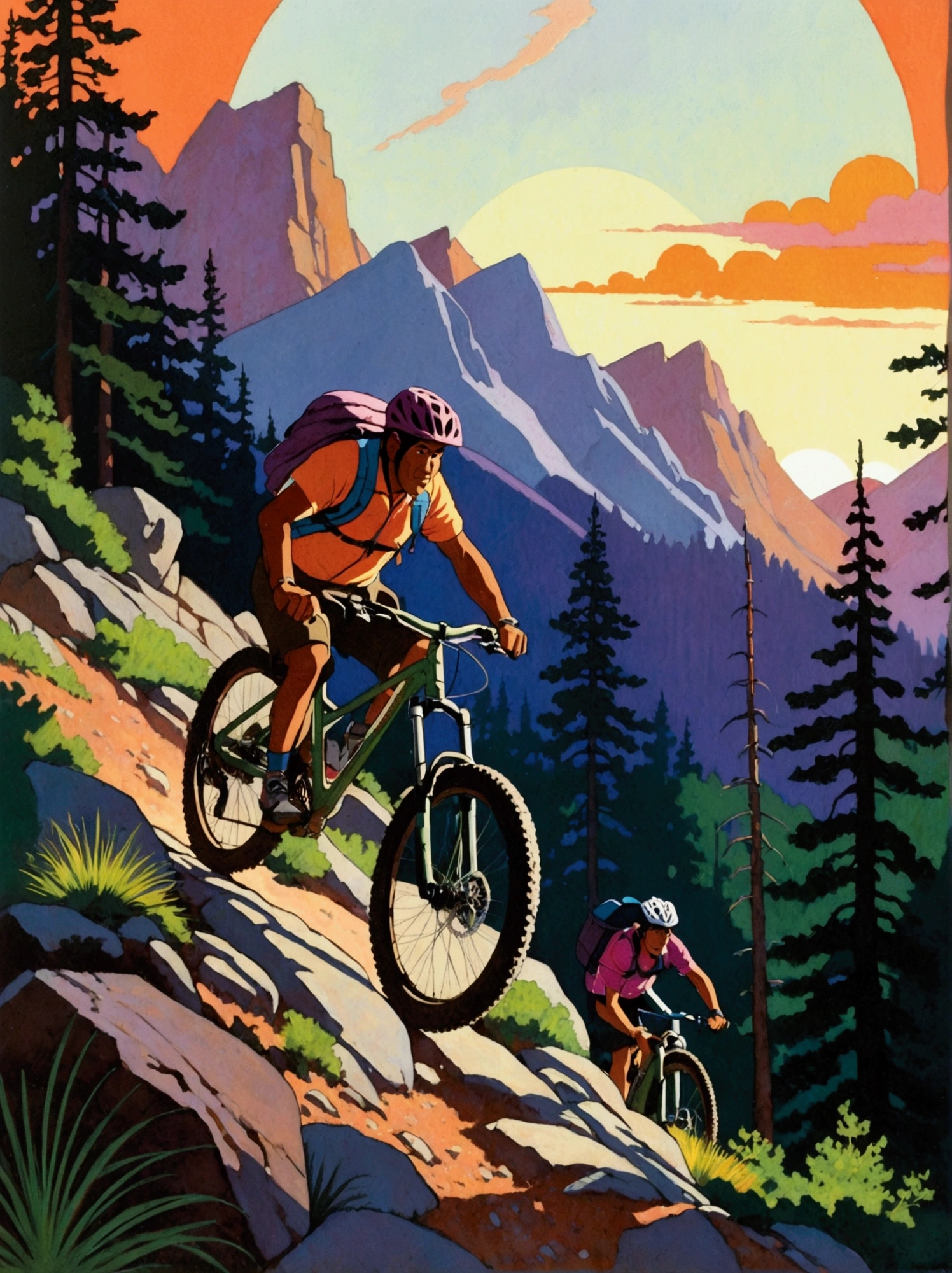 ([negative space:0.8:1.5]), [shsw:0.8], A detailed scene depicting the sport of mountain biking at dusk. In the foreground, a middle-aged Hispanic male is expertly navigating a rocky terrain, muscles working hard as he pedals uphill, determination visible on his face. Behind him, a younger Black female cyclist is following closely, her enthusiasm matching the rigorous trail. Their brightly colored gear contrasting with the fading sunlight on the rugged mountainous backdrop specked with tall, verdant green pine trees. The evening sky is painted with hues of orange, purple, and pink, casting long shadows and adding to the feeling of adventure and challenge, colorful cartoon-style illustration from an award winning animated movie, illustrated in bold outlines, showcasing its colors and shapes. The character is depicted adorned colorful energy against a white background, [mythical creature:0.8]