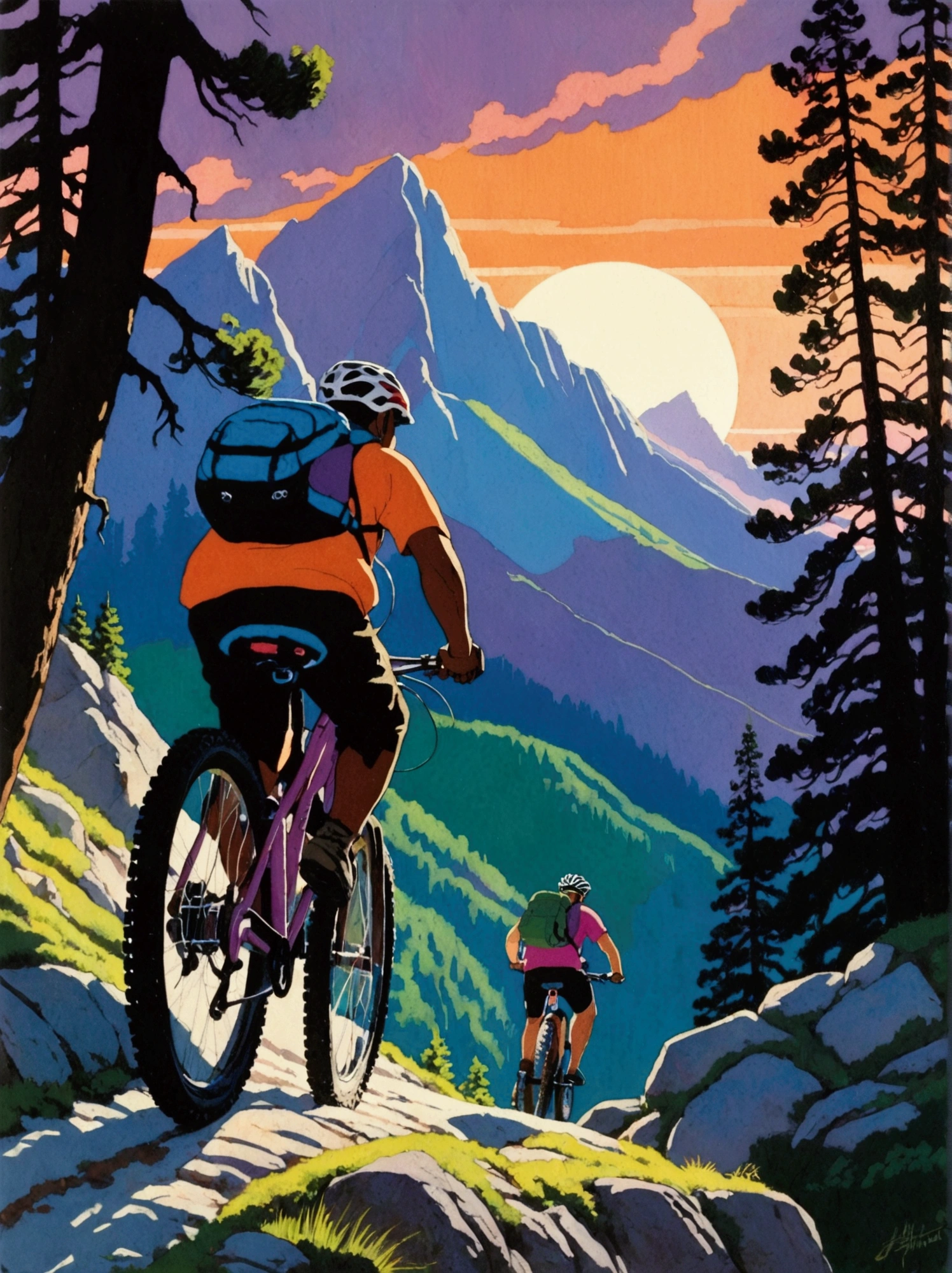 ([negative space:0.8:1.5]), [shsw:0.8], A detailed scene depicting the sport of mountain biking at dusk. In the foreground, a middle-aged Hispanic male is expertly navigating a rocky terrain, muscles working hard as he pedals uphill, determination visible on his face. Behind him, a younger Black female cyclist is following closely, her enthusiasm matching the rigorous trail. Their brightly colored gear contrasting with the fading sunlight on the rugged mountainous backdrop specked with tall, verdant green pine trees. The evening sky is painted with hues of orange, purple, and pink, casting long shadows and adding to the feeling of adventure and challenge, colorful cartoon-style illustration from an award winning animated movie, illustrated in bold outlines, showcasing its colors and shapes. The character is depicted adorned colorful energy against a white background, [mythical creature:0.8]