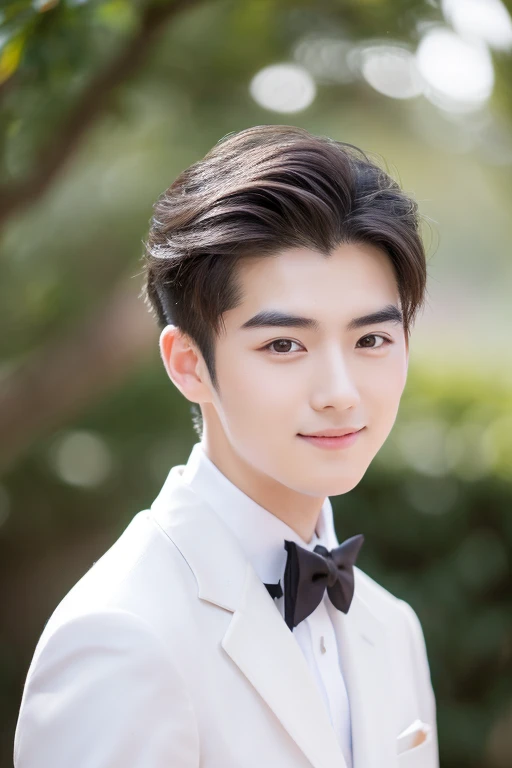 Formal photo (Cute Adult Chinese boy with cute small eyes, pale white skin, thick eyebrows, medium hair)