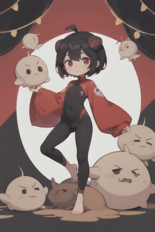 、small,Mini Characters,Red eyes,Black Hair,Ahoge,short hair,short hair,Very short hair,Dark atmosphere,Deformed Character,The horns grow,thin,thin,small胸,small胸,Tight fitting clothing,Yoga Suit,spats,Look forward,Observe the audience,Facing the screen,Stand with your feet apart,You can see the toes,You can see the toes,