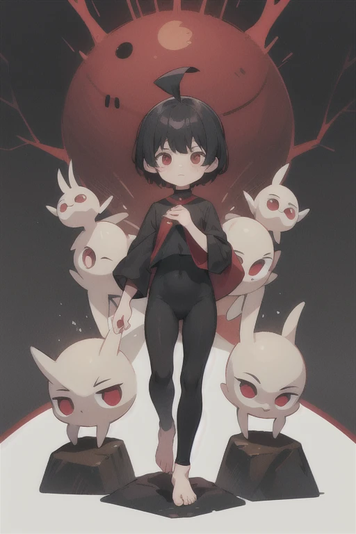 、small,Mini Characters,Red eyes,Black Hair,Ahoge,short hair,short hair,Very short hair,Dark atmosphere,Deformed Character,The horns grow,thin,thin,small胸,small胸,Tight fitting clothing,Yoga Suit,spats,Look forward,Observe the audience,Facing the screen,Stand with your feet apart,You can see the toes,You can see the toes,