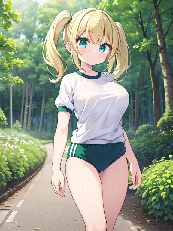 (Green bloomers:1.3), Green short-sleeved gym uniform, Large breasts, 1 girl, cute, Blonde twin tails, (Blue Eyes), (Hall々Walk with:1.3), blue sky, forest, Forest road, Outdoor, Cowboy Shot, ((Highest quality)), ((masterpiece)), (detailed), Perfect Face, Perfect Arms, (Perfect hands), (Perfect Fingers), anime, Ultra-fine illustration,