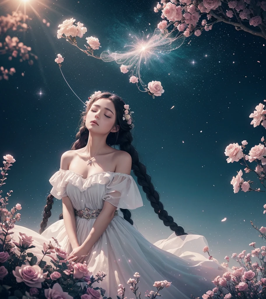 1 girl, alone, Champagne Rose,Sea of Flowers, White dress,Under the sky,Closed Eyes Prayer,Black Long Braids,skirt,Off-shoulder,fantasy, fantasy fairy, 8k, photography, Dark background, ((Particle FVX background, Light particle FVX))