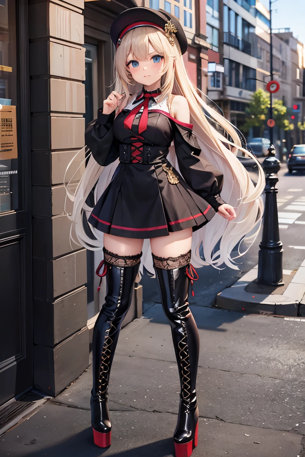 thigh high boots, platform boots, girl, high heels, lace up boots, city, standing, long hair