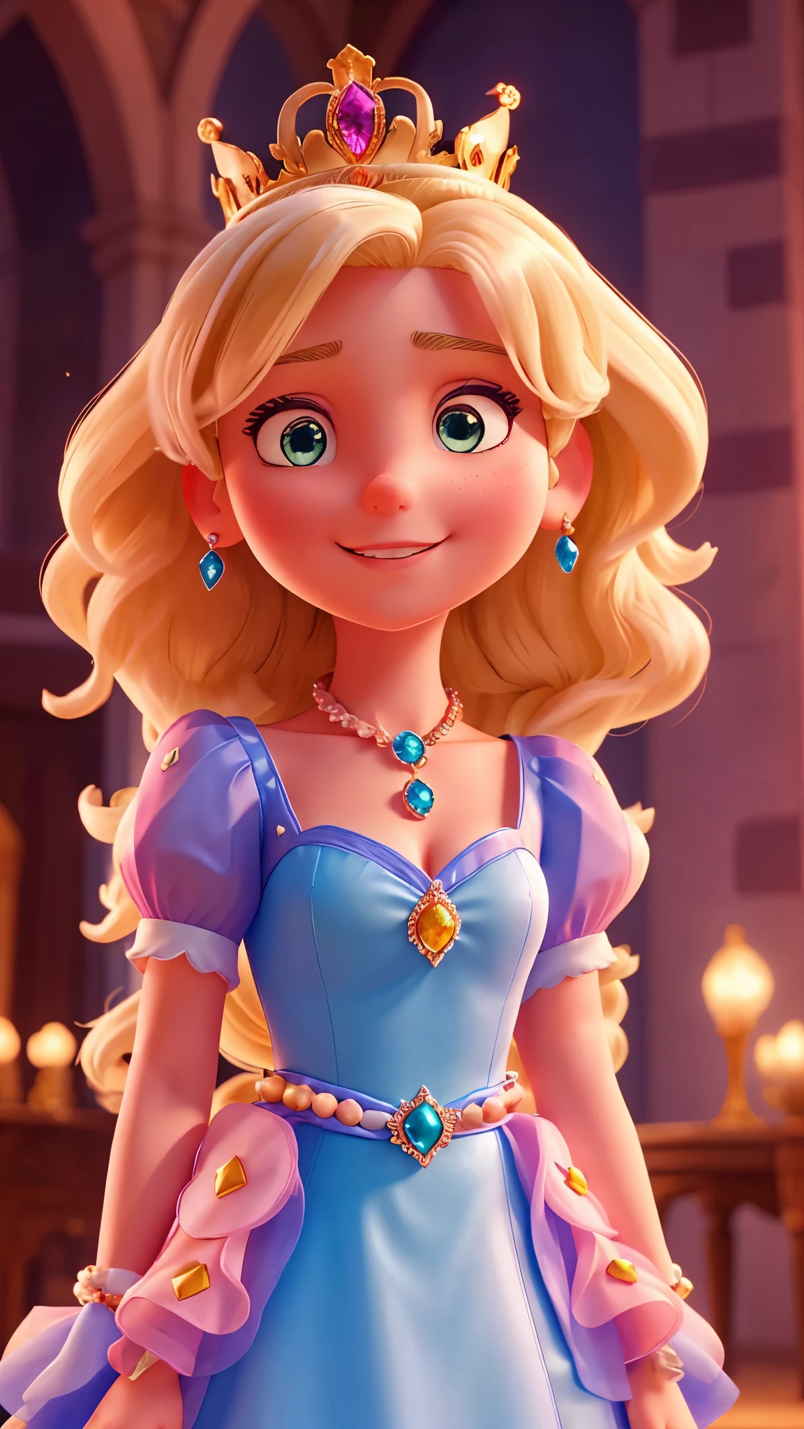 A beautiful 21-year-old princess, with a pink dress with a blue gem on her chest, with long white gloves, Blonde hair and a crown with a red gem in the middle and a pair of blue gems on the sides of the crown