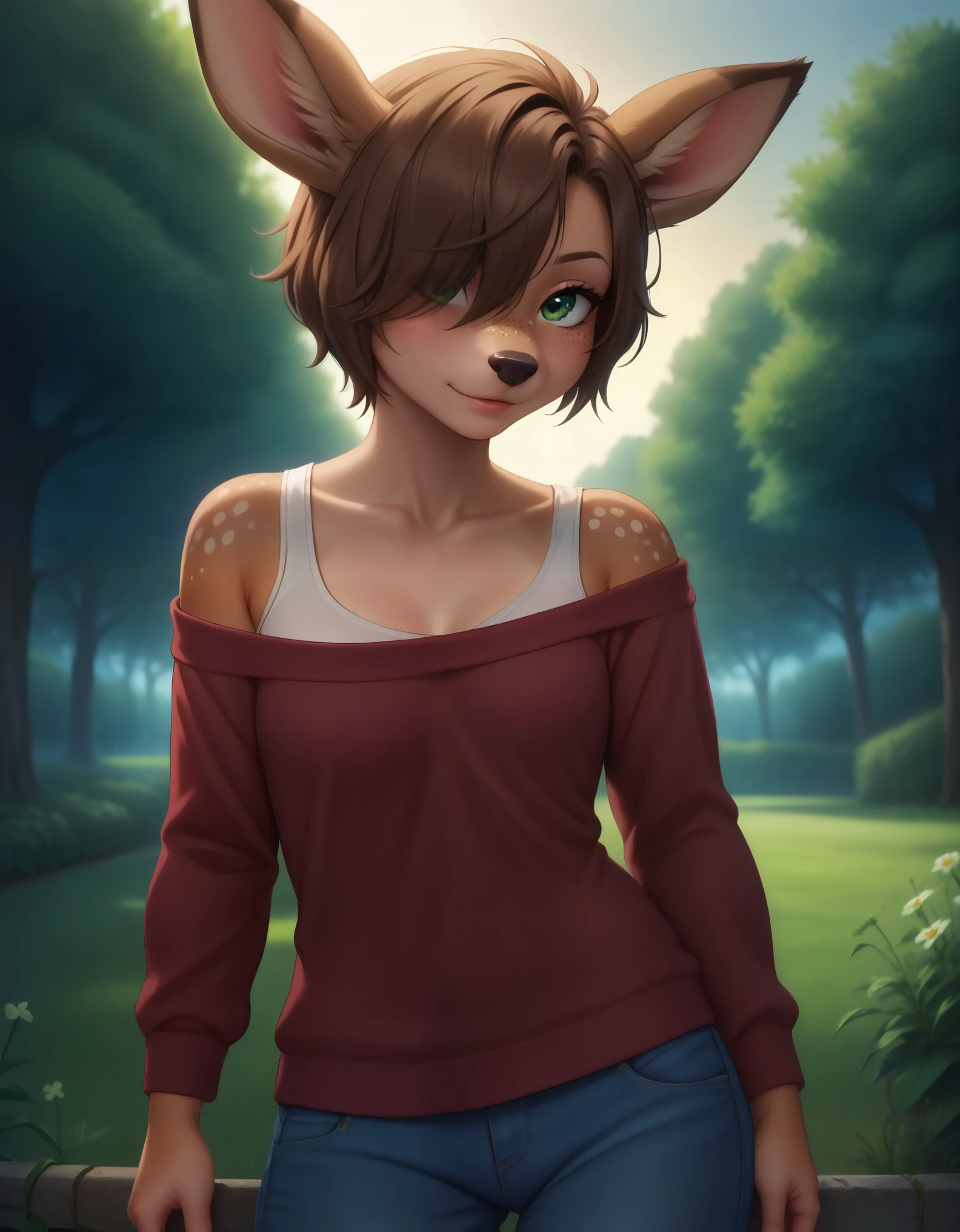 Solo, 1girl, female, adult, lotte, deer girl, furry female, body fur, animal nose, snout, animal ears, green eyes, brown hair, short hair, freckles, cute face, perfect anatomy, detailed skin, detailed eyes, perfect hands, perfect face, small breast, hair over one eye, BREAK sweater, long sleeves, off-shoulder shirt, pants, BREAK outdoors, park, colorful, sunset, looking at viewer, dutch angle, BREAK ((ultra-detailed)), ((best quality)), ((best quality)), ((beautiful eyes)), ((extremely detailed)), 4K, (8K), best quality, (beautiful), Master piece, highres, score_9, score_8_up, score_7_up, colorful, best quality, official art, highres, masterpiece, nai3, god light, detailed background, high quality background, very aesthetic, absurdres, 