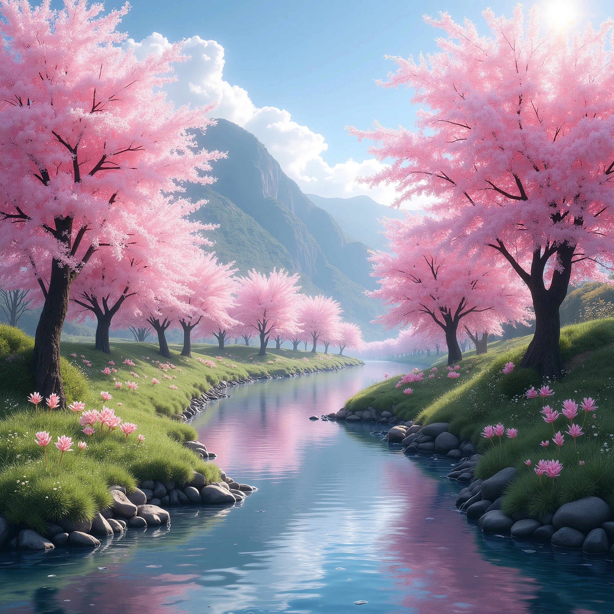 Natural scenery, cherry blossoms in full bloom, river, healing

