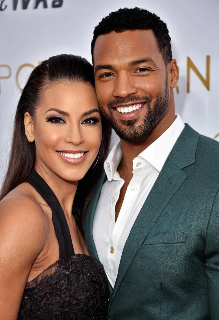 Italian actress/singer Naike Rivelli and a handsome African American male whose facial features is a combo of Isaiah Mustafa + Christian Keyes + Broderick Hunter pose together for a photo. Both are smiling. Both are attired attractively but casually for a date. Naike has lovely makeup on her face. Daytime. Romantic ambiance. Symmetrical eyes. Symmetrical faces. Lovely details. Photorealistic. Full-colored photo. Professional photo. Highly detailed 8K.