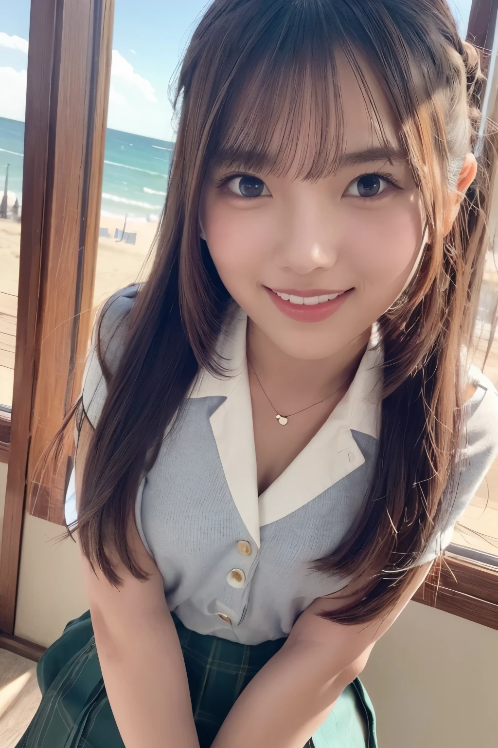 realistic, photogenic, with the sea in the background, wearing school uniform, the top button of the upper cloth is open, a little exposed at chest, skirt is short and just reaching above the thighs, middle-length hair, hair color mixes bronde and brown, hair is blowing in the wind, hair is shaggy and dishevelled, very sunburned and tanned skin, medium build a little bit chubbily figure, exposed widely at chest, heavy and vivid makeup, small mouth, small nose, smooth shaped jawline, glossy face, heavy flushed cheeks, big smile while open mouth, looks like having a great time, easing someone, detailed eyes, slanted eyebrows, detailed lips, photorealistic, highly detailed, 8k, best quality, masterpiece, vibrant colors, dramatic lighting, cinematic composition, digital art