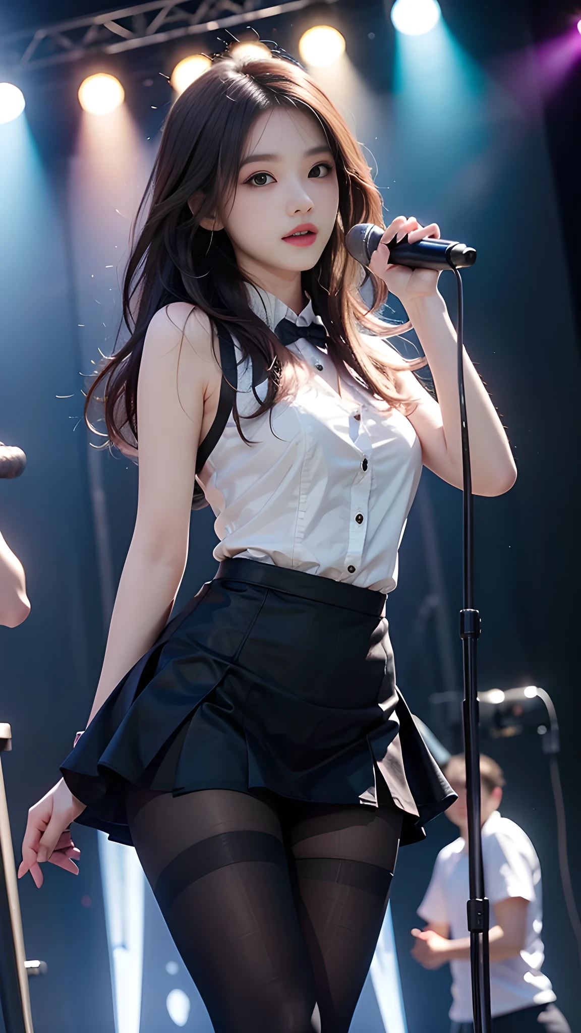 ulzzang-6500-v1.1, (RAW photo: 1.2), (Real photo), (Real photo: 1.4), 1 girl、Perfect anatomy、19 years old、Looking at the camera、Medium length hair、uniform dress, Holding a microphone performing, ((performing on stage: 1.1))、(Hyperrealistic tights: 1.2), (Business service)、Asian eyes Ella,