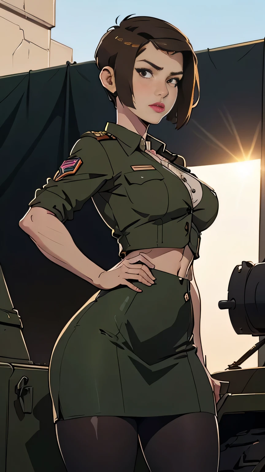 photo of mlp Meowko, RAW, beautiful woman, ((portrait)), ((detailed face:1.2)), ((anime face, anime facial feature, clear skin, glossy anime lips, lipstick, clear skin), (short lesbian haircut, brunette: 1.55), (perfect proportioned body, Strong, muscular, narrow waist, narrow hips, skinny, large breasts), (she is wearing a 40s American military uniform, Peggy Carter cosplay, Button up suit jacket, blouse, Military green pencil skirt, stockings), standing at attention, 1940's, Military base, military tent, military Jeep, (realistic photo, best quality, detailed), (8k wallpaper), (bright cinematic lighting, lens flares, beautiful light, (noon:1.3)) (sharp focus, intricate)