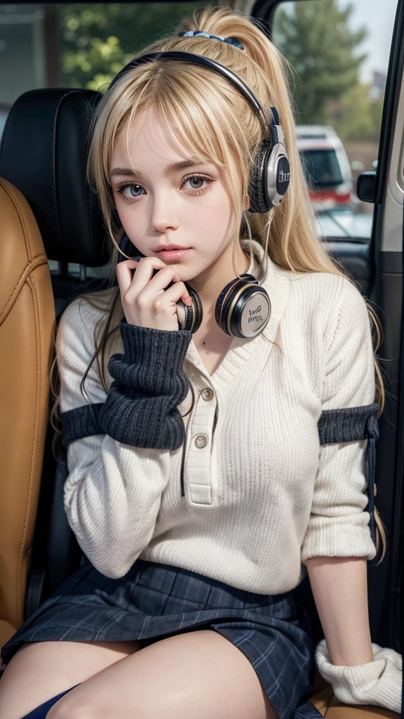 Cute schoolgirl Lyvlas sits in the back seat of a car and looks out the window 1 girl, bang, blonde hair,tape, Ponytail, parted lips, headphones, anime style, black mitts striped leg warmers