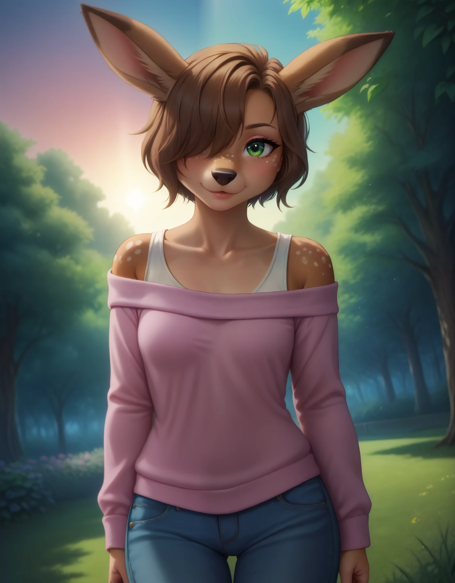 Solo, 1girl, female, adult, lotte, deer girl, furry female, body fur, animal nose, snout, animal ears, green eyes, brown hair, short hair, freckles, cute face, perfect anatomy, detailed skin, detailed eyes, perfect hands, perfect face, small breast, hair over one eye, BREAK sweater, long sleeves, off-shoulder shirt, pants, BREAK outdoors, park, colorful, sunset, looking at viewer, dutch angle, BREAK ((ultra-detailed)), ((best quality)), ((best quality)), ((beautiful eyes)), ((extremely detailed)), 4K, (8K), best quality, (beautiful), Master piece, highres, score_9, score_8_up, score_7_up, colorful, best quality, official art, highres, masterpiece, nai3, god light, detailed background, high quality background, very aesthetic, absurdres, 