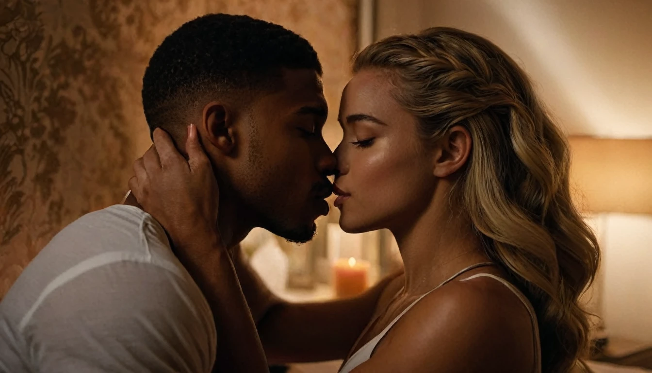 Caucasian actress Grace Van Patten and a handsome African American male whose facial features are a combo of Brandon P. Bell + Rome Flynn + Michael B. Jordan share a steamy kiss inside a bedroom lit only by candlelight. Grace has lovely makeup on her face. Nighttime. Romantic ambiance. Symmetrical eyes. Symmetrical faces. Lovely details. Photorealistic. Full-colored photo. Professional photo. Highly detailed 8K.