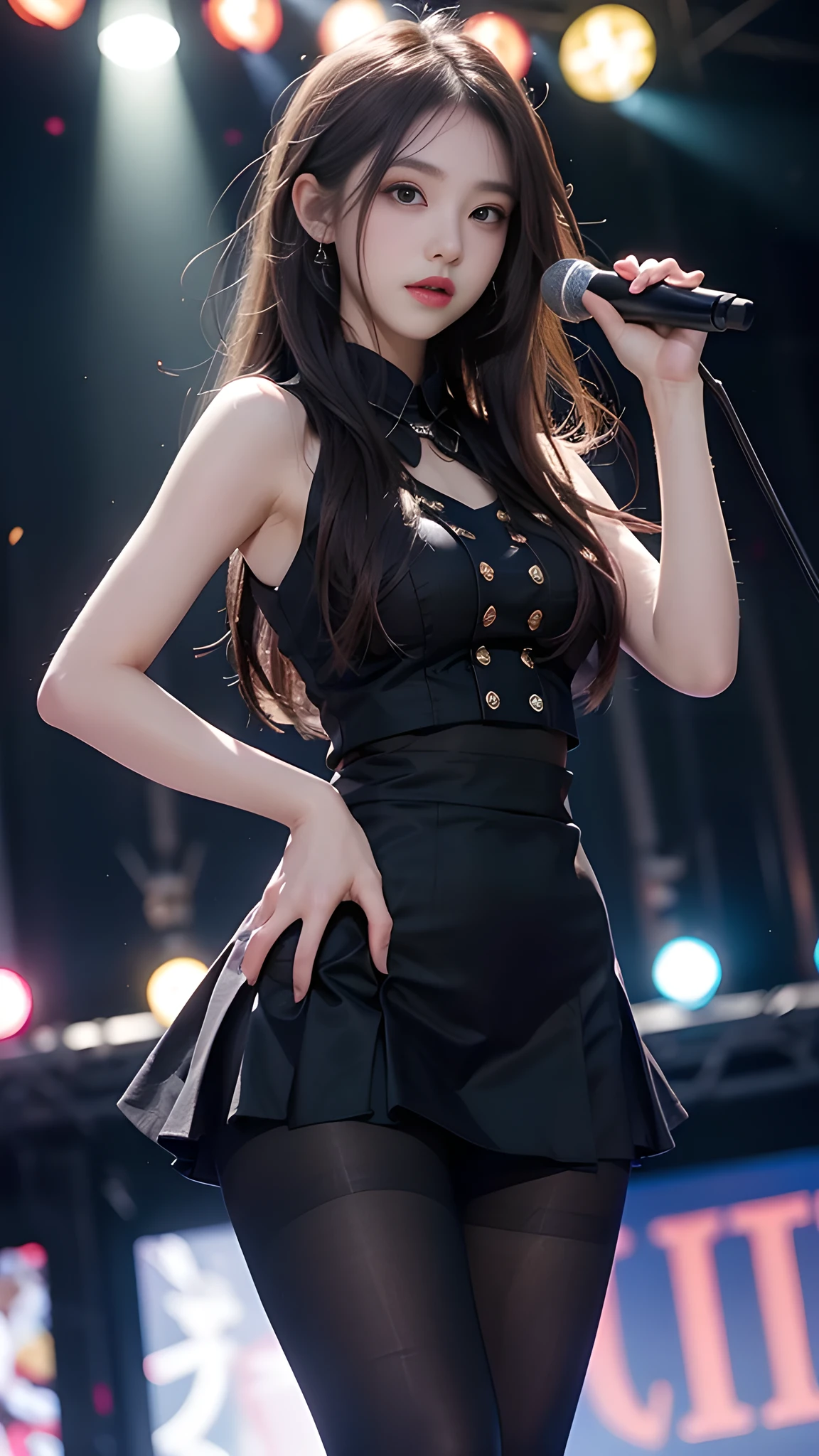 ulzzang-6500-v1.1, (RAW photo: 1.2), (Real photo), (Real photo: 1.4), 1 girl、Perfect anatomy、19 years old、Looking at the camera、Medium length hair、uniform dress, skirt, Holding a microphone performing, ((performing on stage: 1.1))、(Hyperrealistic tights: 1.2), (Business service)、Asian eyes Ella,