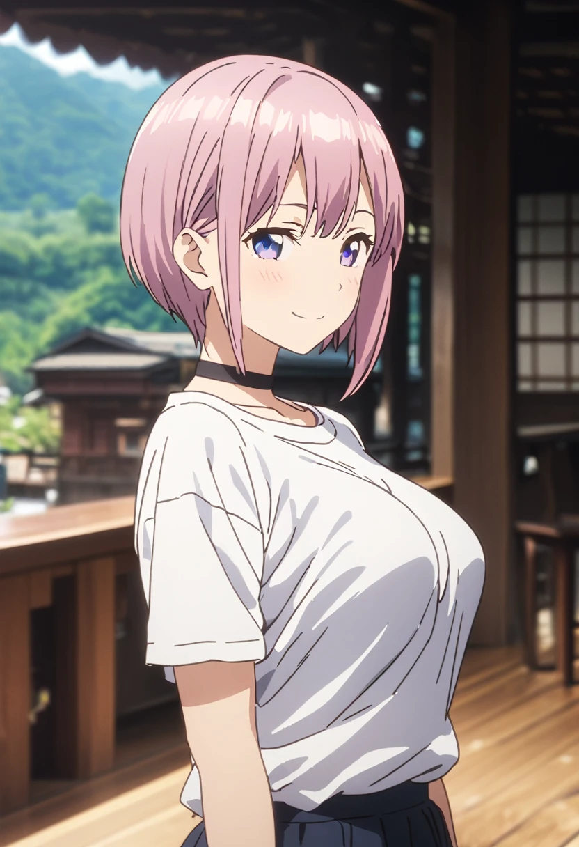 (Highest quality, 4K, 8k, High resolution, masterpiece:1.2), Very detailed, Picturesque, Anime style photo, Photo Anime:1.37)、Japanese、(Pink pixie cut)、Naughty smile、white shirt、Black choker、whole body、 Pull up shirt、Tuck the hem of the shirt, Under breast、ichika nakano