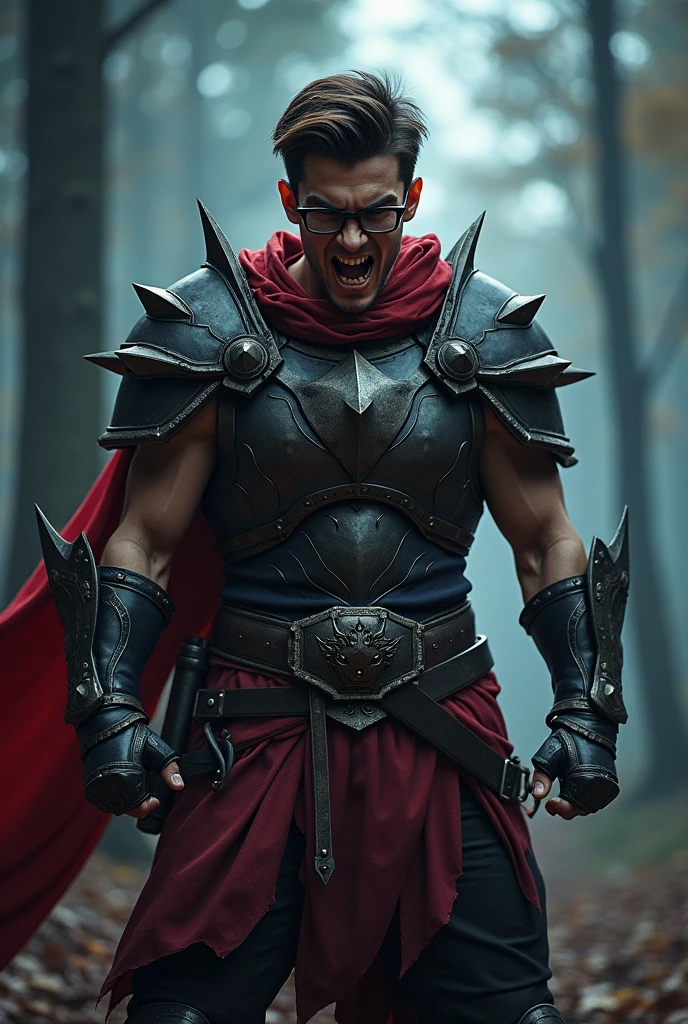 I want a 19-20 year old brunette boy with short hair who is also a werewolf., He is a berserker monk, meaning he loves to punch, he is also very strong, he is quite stocky and muscular., he's kind of stressed, He looks mean, He has large canine teeth, He wears berserker armor with spiked gauntlets, He has brown skin, and the hair has a gradient shape, He has Italian features, He has thick eyebrows, He also wears square glasses, he doesn't have a beard