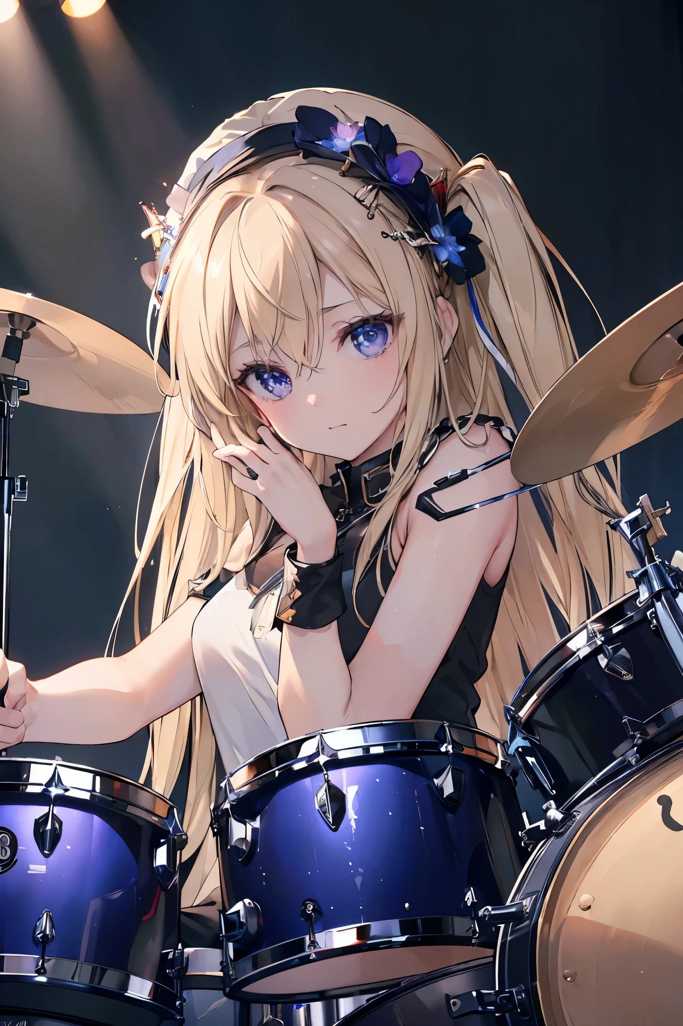 ((best quality)), ((masterpiece)), (detailed), perfect face, ((Best quality, 8k, Masterpiece: 1.3)), Sharp focus, Highly detailed face and skin texture, Detailed eyes, Rock band member, playing drums, drummer, YAMAHA drum set SBP2F5AZM, Shining sweat during performance, from above