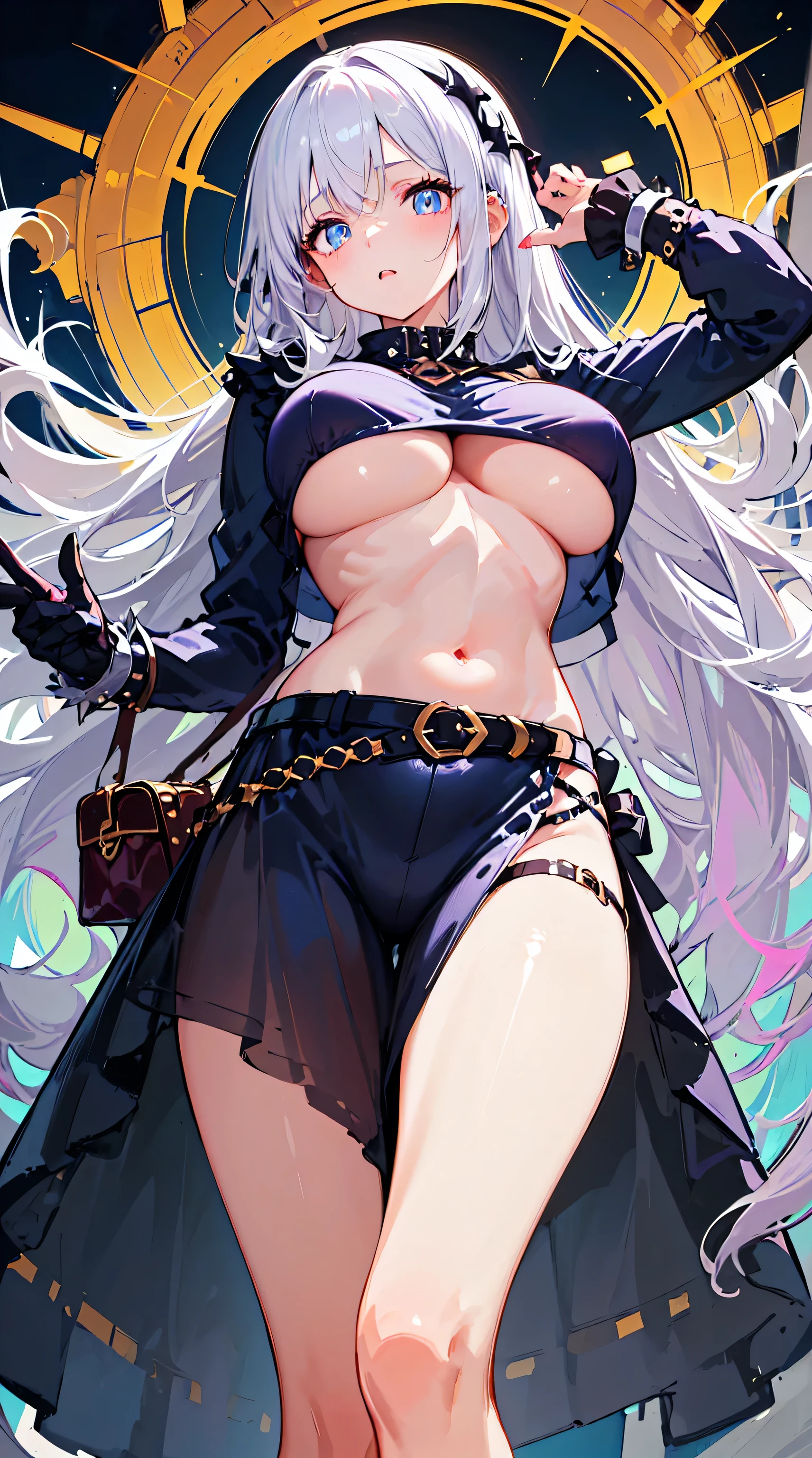 Ultra-high resolution, 8k,high quality,(((low length,、Young Girl、Angle from below,Punk Costume,))),(、glowing、iridescent light,soft shadow,Anime Painting,thin line drawing),One Little Woman,(((Big Breasts、Super big breasts、Symmetrical breasts))),