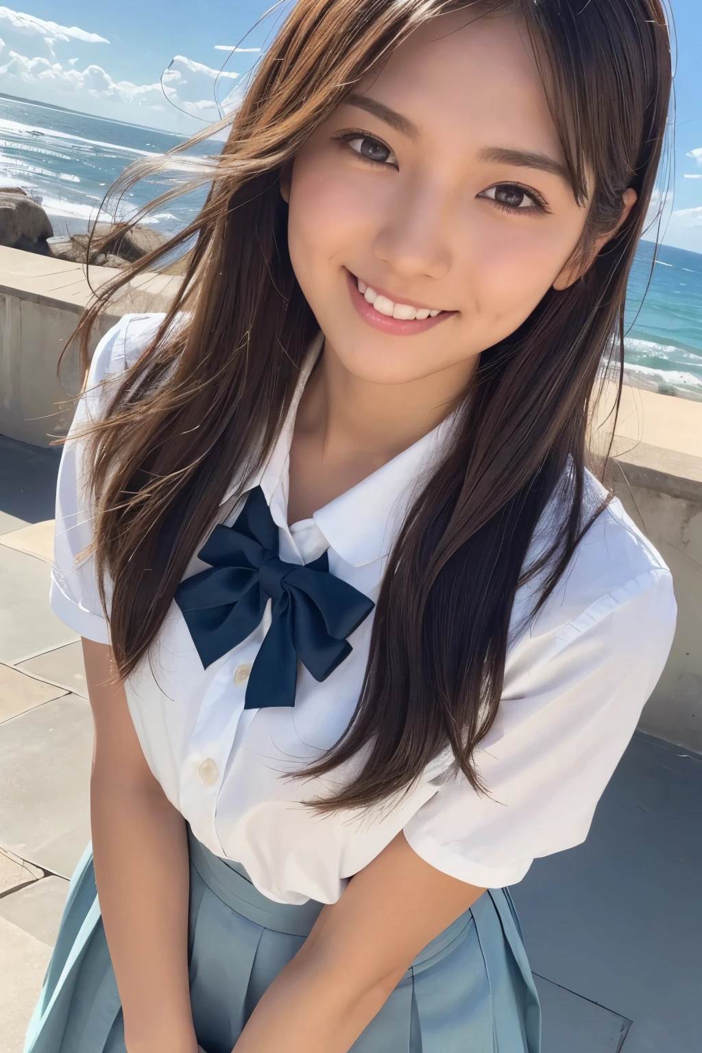 realistic, photogenic, with the sea in the background, wearing school uniform, the top button of the upper cloth is open, a little exposed at chest, skirt is short and just reaching above the thighs, middle-length hair, hair color mixes bronde and brown, hair is blowing in the wind, hair is shaggy and dishevelled, very sunburned and tanned skin, medium build a little bit chubbily figure, skiny chest, heavy and vivid makeup, small mouth, small nose, smooth shaped jawline, glossy face, heavy flushed cheeks, big smile while open mouth, easing someone, detailed eyes, slanted eyebrows, detailed lips, close-up shooting, photorealistic, highly detailed, 8k, best quality, masterpiece, vibrant colors, dramatic lighting, cinematic composition, digital art