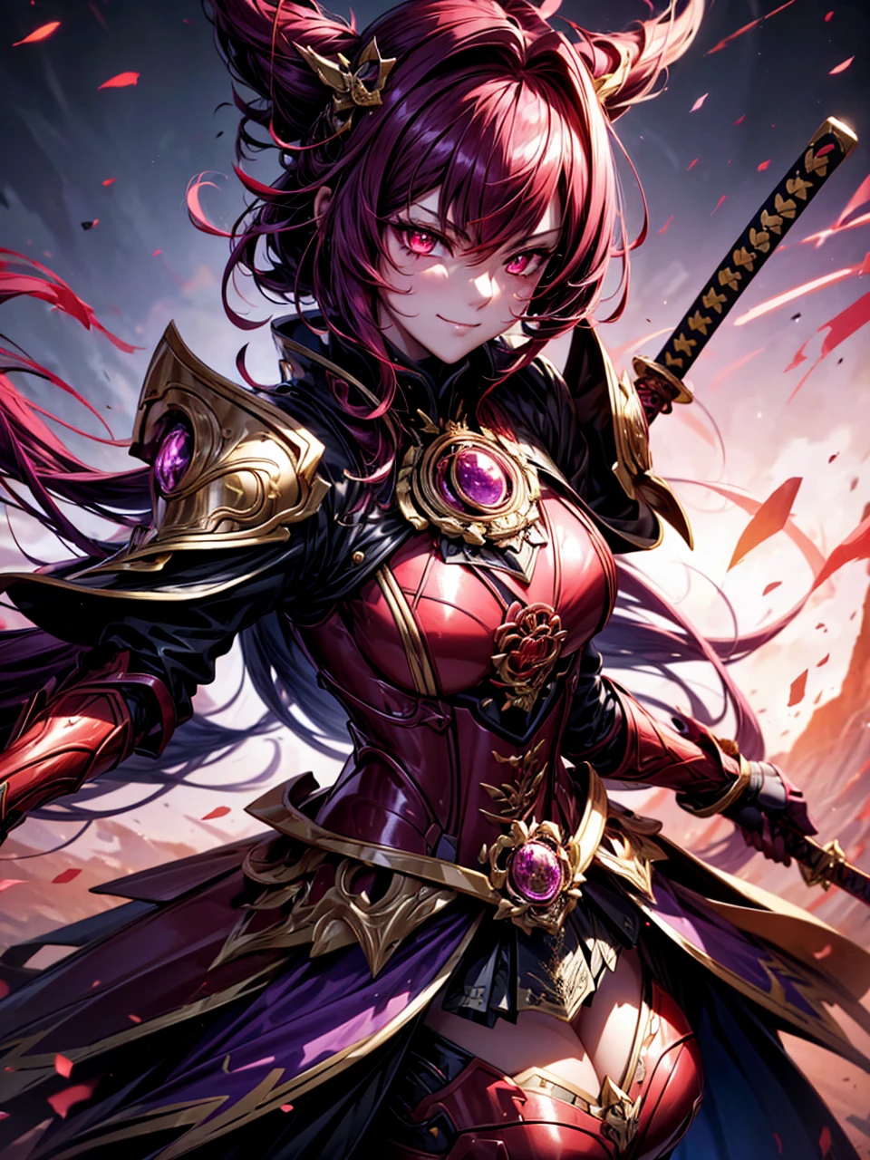 best quality,4K,high resolution),Ultradetailliert,realistisch,portrait, Lila Samurai Sukkubus mit einen katana dunkelrotem Haar, a purple-dark red armor with gold neon lights with gold trim and glowing red eyes, Leuchtende Farben, delicate features, seductive glance, Charming smile, wallende Haare, sanfte Beleuchtung