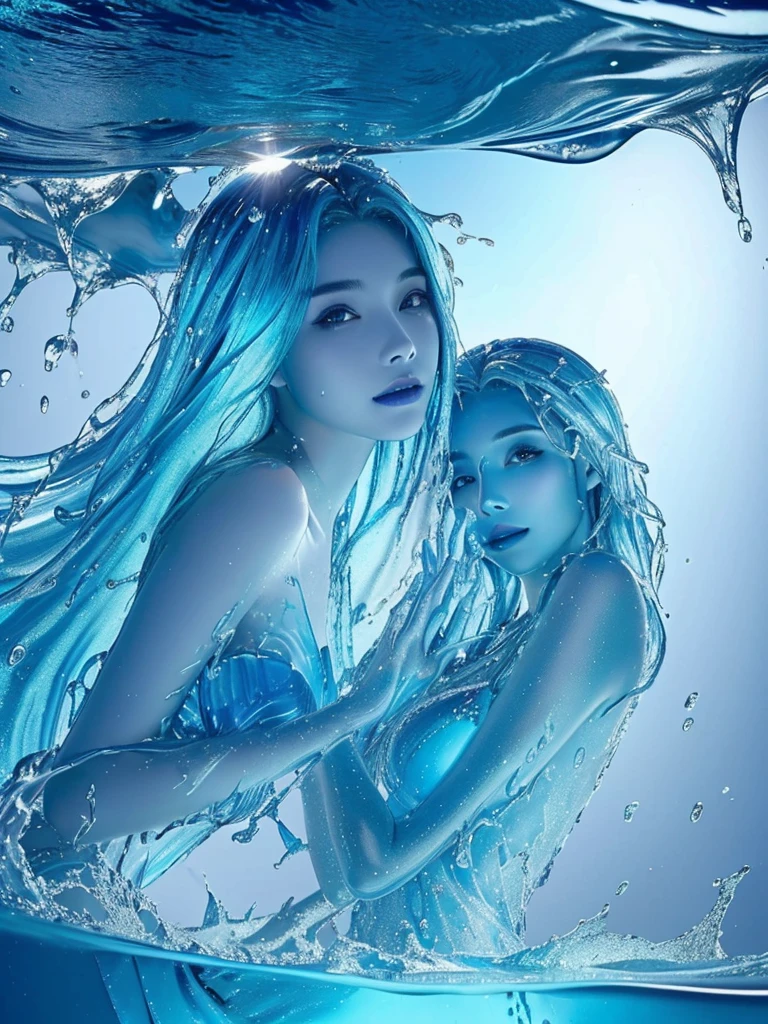 A woman, With blue hair, Is made entirely out of water, Water witch, Water Elemental, Water Nymph, Water goddess of the seas.