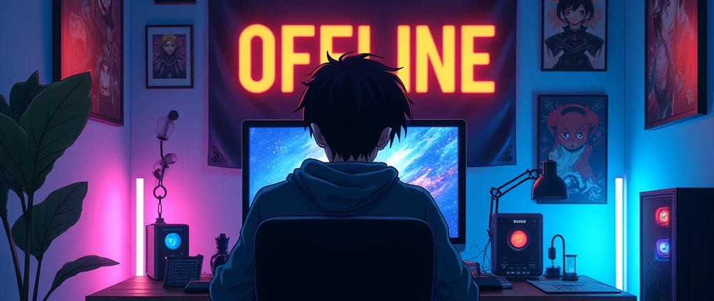 an anime style guy with black hair on the pc with a banner saying 'offline' behind