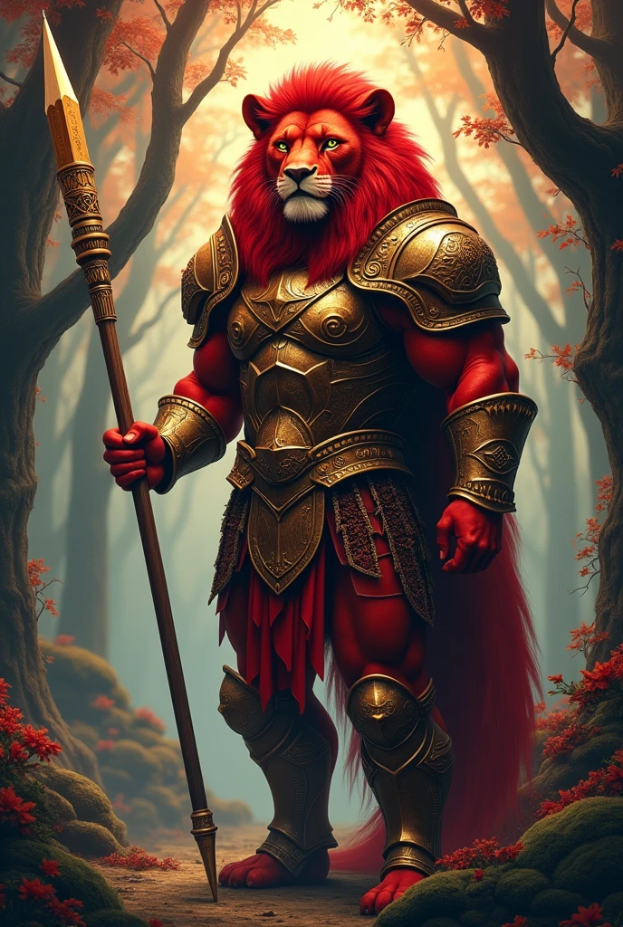 Create an image of a crimson red warrior lion, standing with a muscular human body, wearing armor, holding a spear, May the spear be a pencil 
